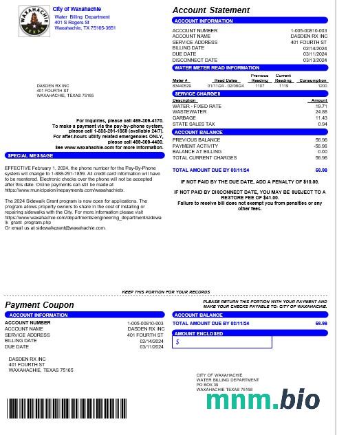 USA Miasto WAXAHACHIE rachunek za usługi komunalne słowo i szablon PDF